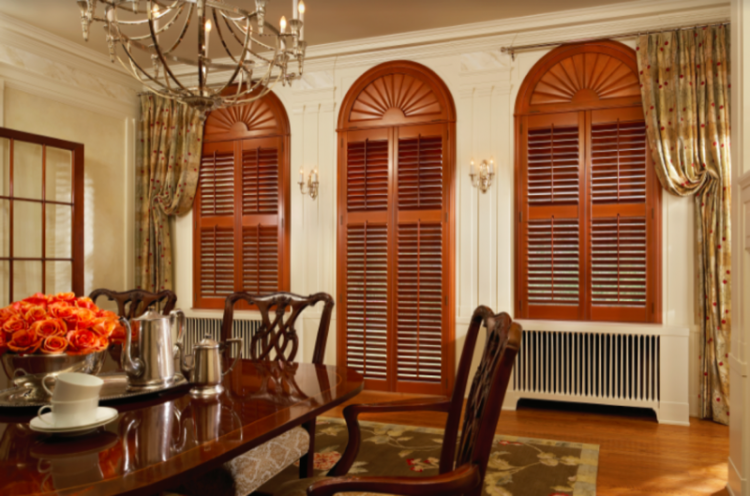 wood plantation shutters in dining room